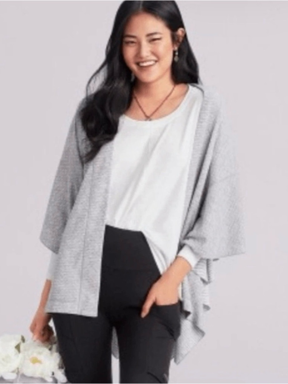 Cabi Reversible Light Gray and White Dot and Striped ATC Cape M/L NWT